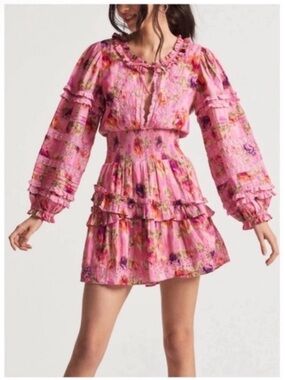New! LoveShackFancy Clarkie Pink Floral Ruffle Mini Dress Lace Boho